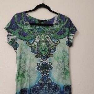 Apt. 9 Blue & Green Paisley Scoop Neck Short Sleeve Tee